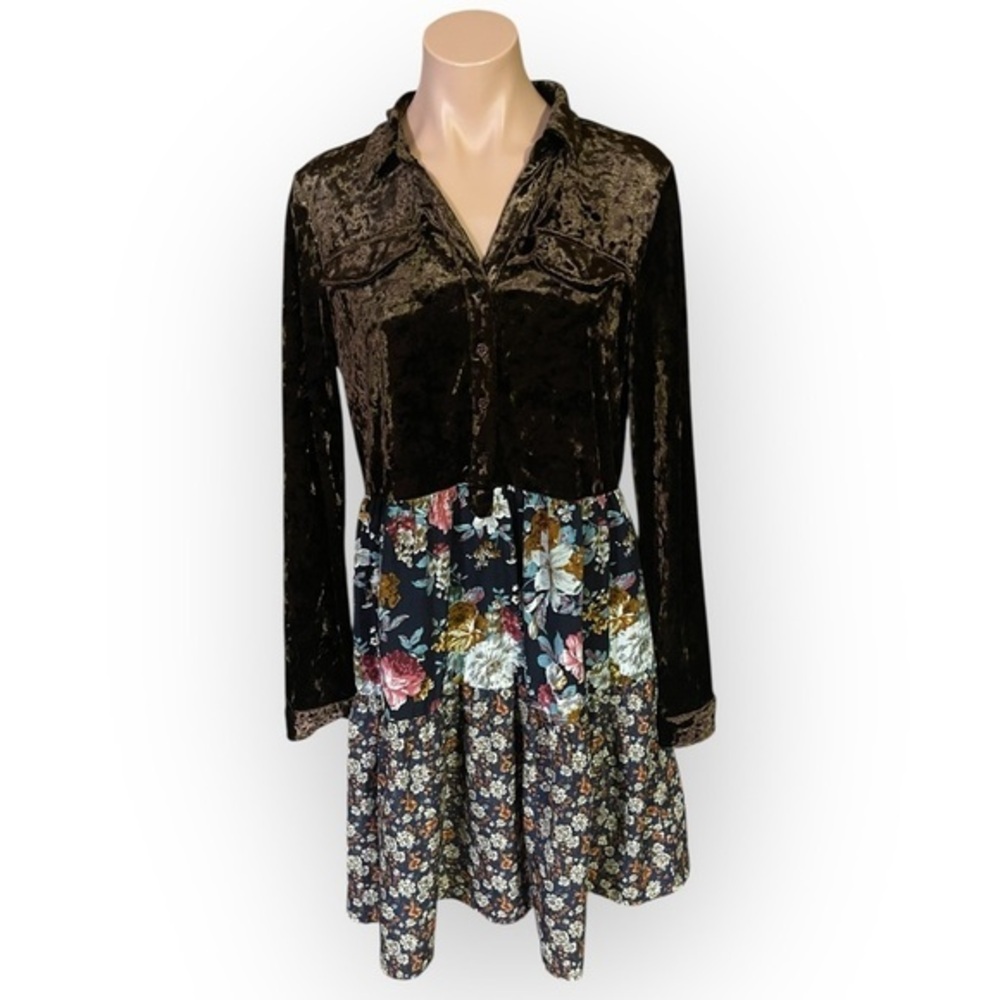 Oddy Women’s Medium Brown Crushed Velvet Floral Dress
